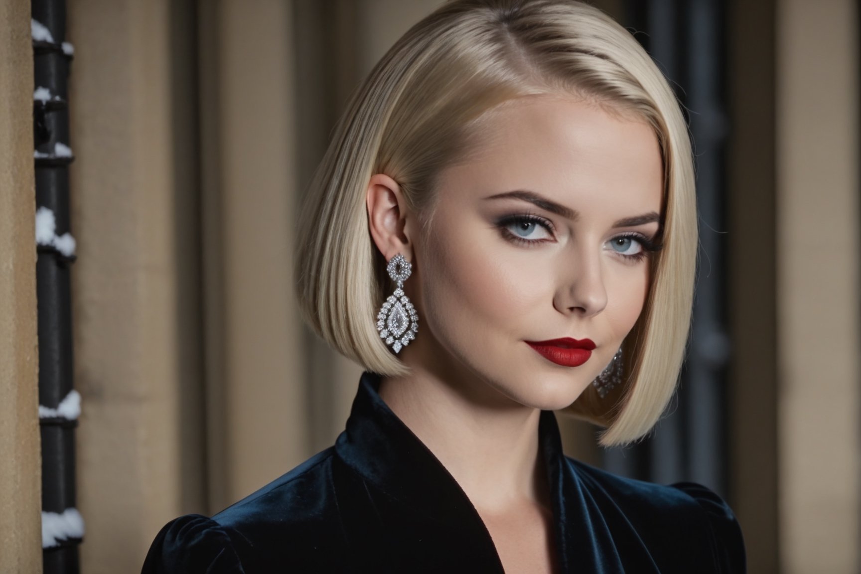 young adult female, layered midi hair cut, blonde hair, dark grey eyes, black lid liner, lightblue colored waterline, red lipstick, wearing black velvet dress, silver earrings hoops, dusk, winter, heavy make-up, thin straight eyebrows