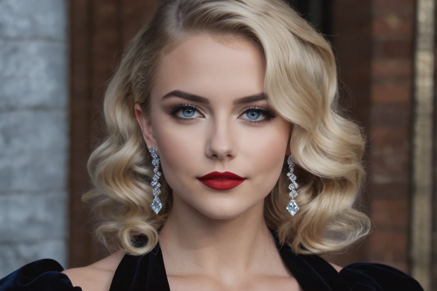 young adult female, wavy lob hair cut, blonde hair, dark grey eyes, black lid liner, lightblue colored waterline, red lipstick, wearing black velvet dress, silver earrings hoops, dusk, winter, heavy make-up, thin straight eyebrows