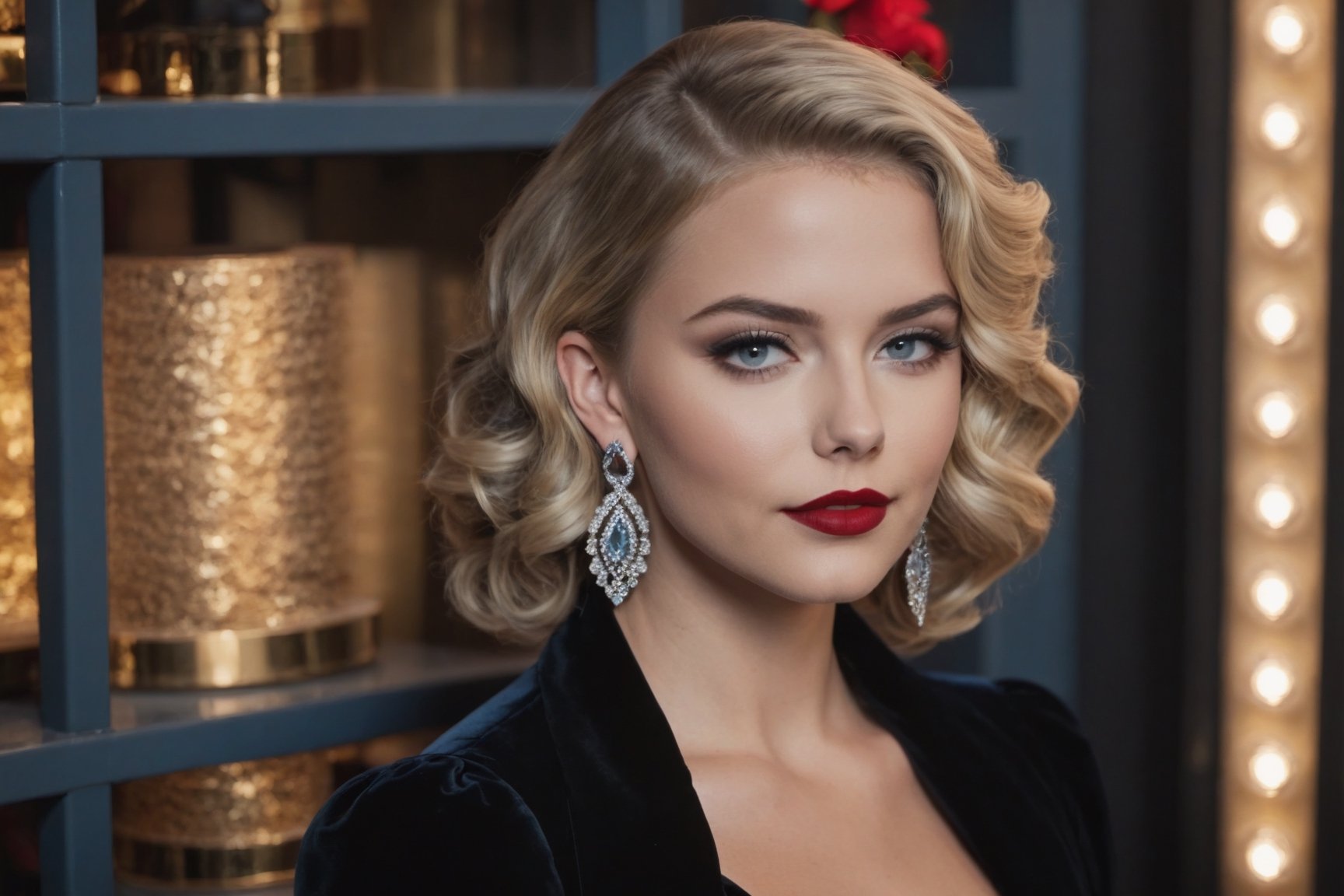 young adult female, wavy lob hair cut, blonde hair, dark grey eyes, black lid liner, lightblue colored waterline, red lipstick, wearing black velvet dress, silver earrings hoops, dusk, winter, heavy make-up, thin straight eyebrows