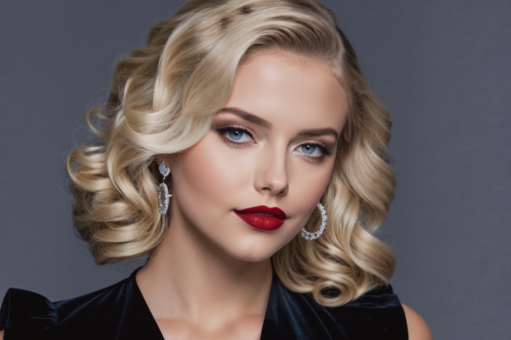 young adult female, blonde hair, wavy lob hairstyle, dark grey eyes, black lid liner, lightblue colored waterline, red lipstick, mouth shut, wearing black velvet dress, silver earrings hoops, dusk, winter, soft make-up, thin straigth shape eyebrows