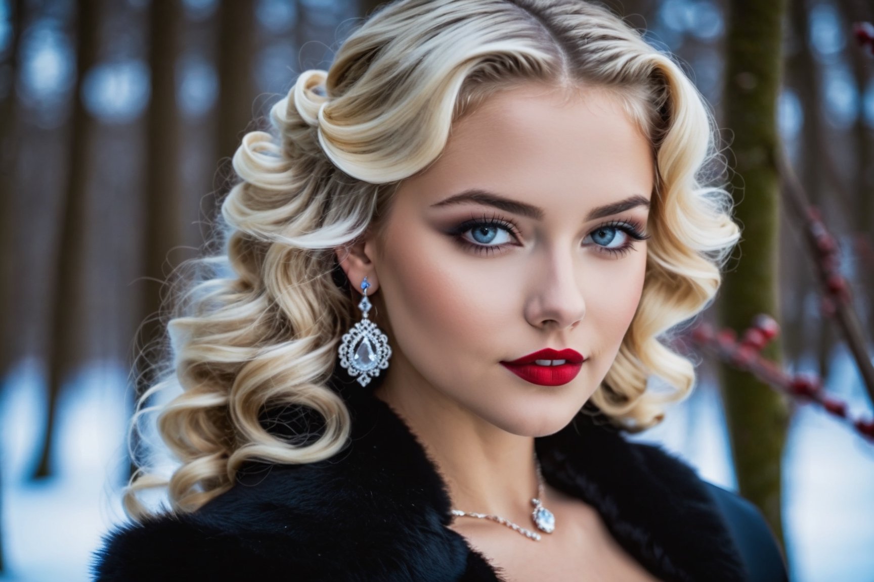 young adult female, blonde wavy hair, dark grey eyes, black lid liner, lightblue colored waterline, red lipstick, wearing black corsett, silver earrings hoops, dusk, winter, soft make-up, thin s-shape eyebrows