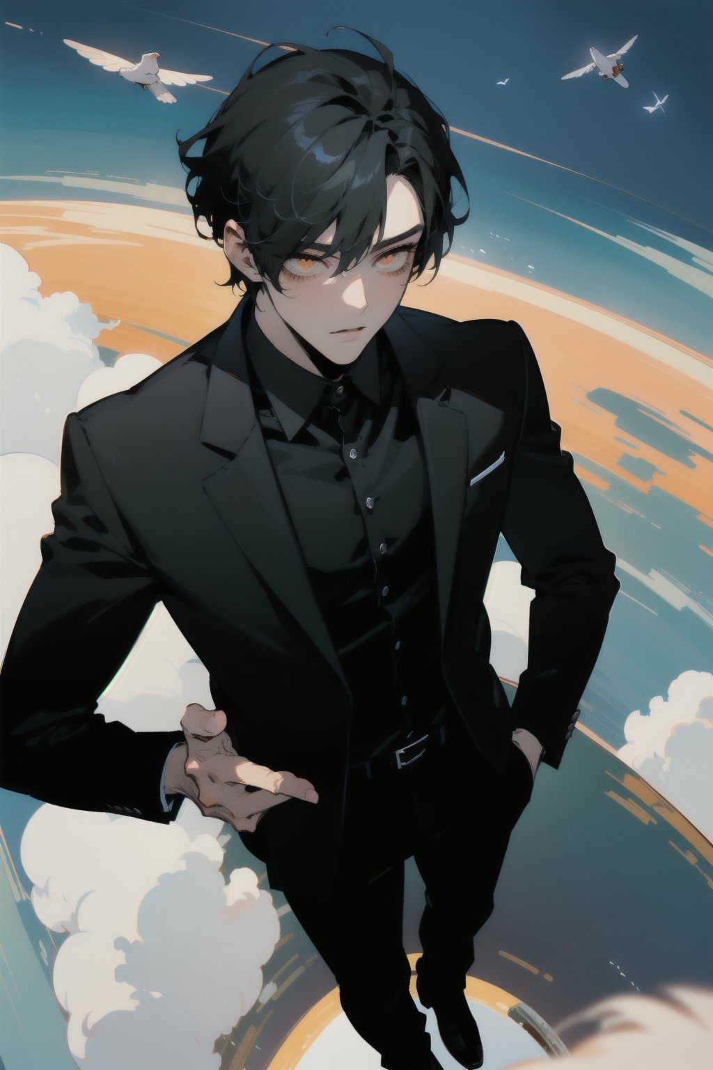 Masterpiece, Highly detailed, high quality, Incredibly detailed, beautiful, nijistyle, 1guy, perfect hands, perfect fingers, detailed Eyes, anime Eyes, (Full shot), (A handsome young man with short black hair, orange eyes, dressed in a casual black suit with the power to fly flies above the clouds), Highly detailed background, Full Hd, 4K