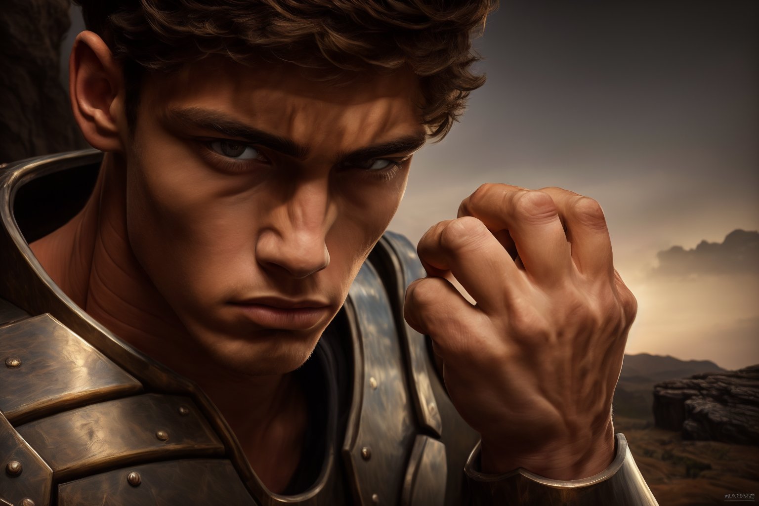 Masterpiece, Highly detailed, high quality, Incredibly detailed, beautiful,  perfect hands, perfect fingers, detailed Eyes, photorealistic, Fantasy (A young man in light armor after a battle, with an expression of tranquility and at the same time of disgust and sadness in a rocky landscape at dawn.), Highly detailed background, Full Hd, 4K.,photorealistic