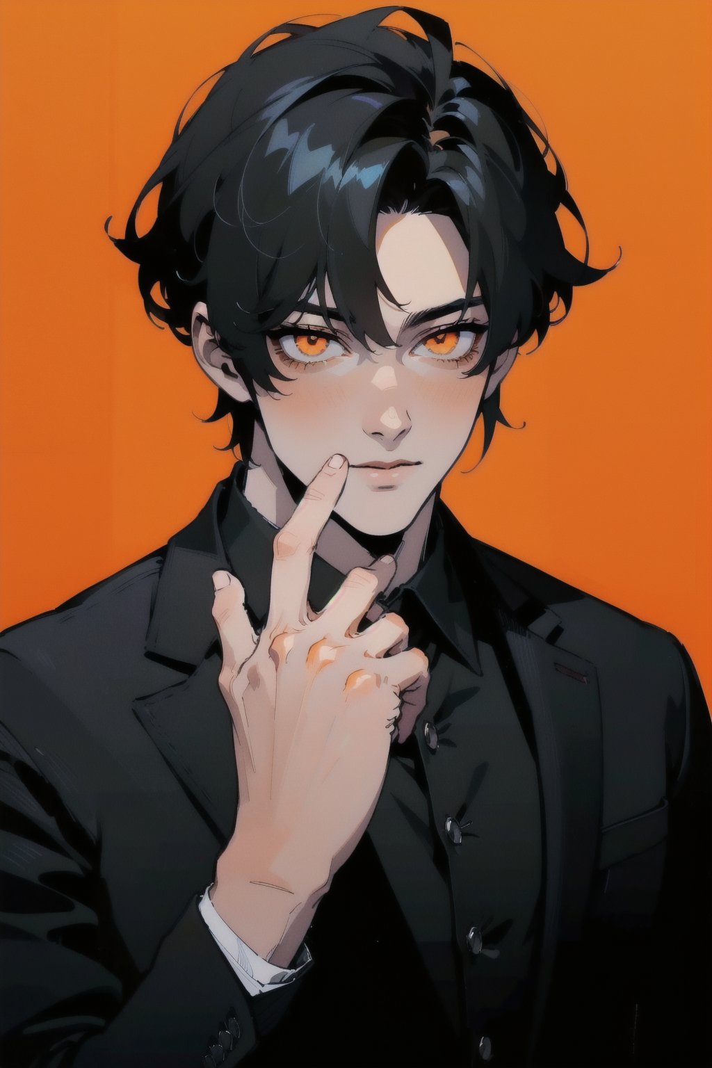 Masterpiece, Highly detailed, high quality, Incredibly detailed, beautiful, nijistyle, 1guy, perfect hands, perfect fingers, detailed Eyes, anime Eyes, (RollSafeMeme) (A handsome young man with short black hair and orange eyes in a casual black suit.), Highly detailed background, Full Hd, 4K.