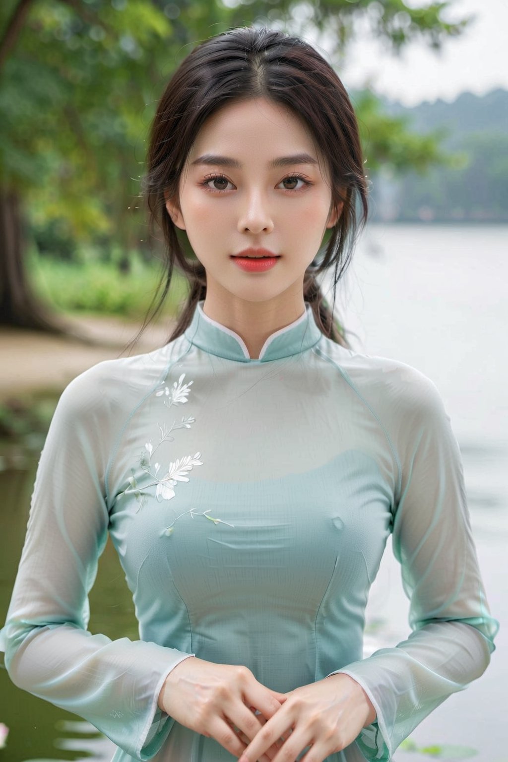 Best Quality,Masterpiece,Ultra High Resolution,(Realisticity:1.4),photorealistic,extreme detailed,Original Photo,1girl,portrait,(fullbody),elf,silver hair,solo,(dynamic posture:1.4),ao dai,(dark sea green tone:1.2),giant lotus leaf,dress,looking at the audiences,long sleeves,red lips,smile,50mm,F0.8,8K raw,depth of field,,aodaixl,chinese girls,hanfu