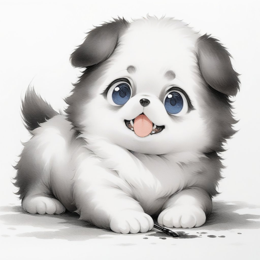 ((masterpiece)),((best quality)), 8k, high detailed, ultra-detailed, an ink wash painting of a very cute dog, traditional style, delicate brush strokes, big eyes, soft fur, playful expression, simple background