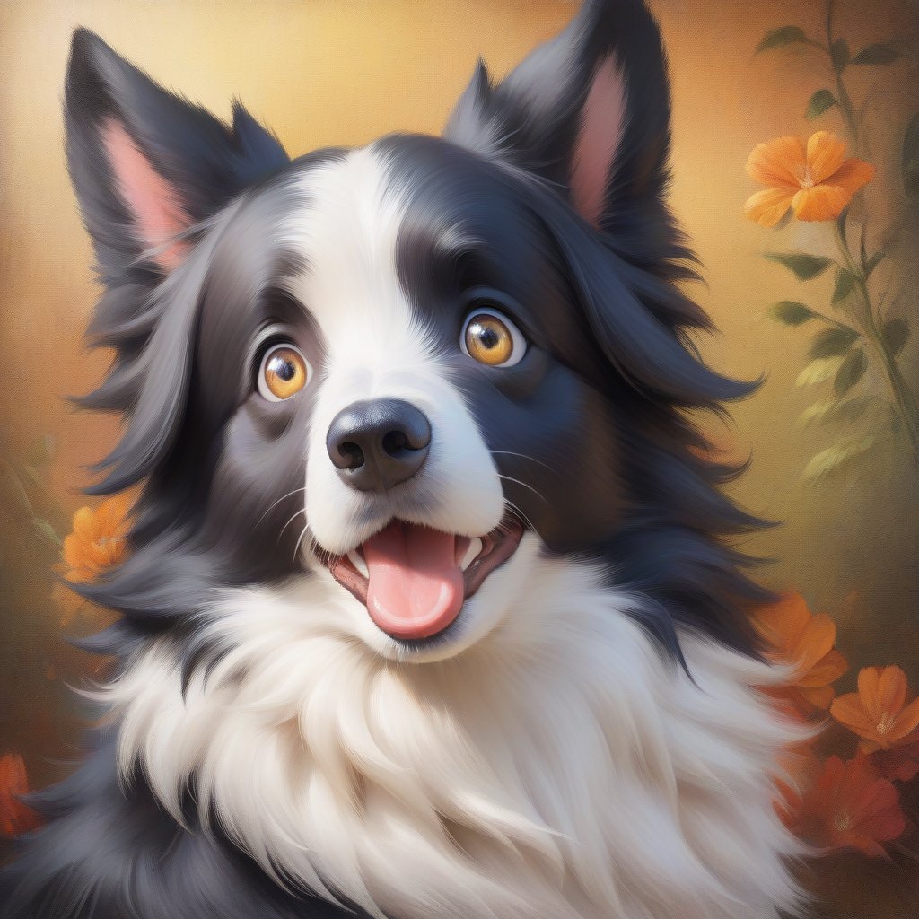 an oil painting of a very cute Border Collie, realistic textures, vibrant colors, big eyes, soft fur, playful expression, detailed background
