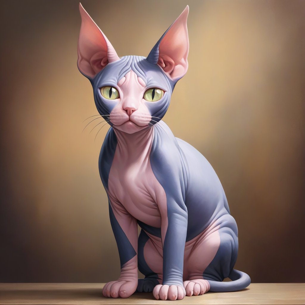 an oil painting of a Sphynx cat, realistic textures, vibrant colors, detailed skin, elegant pose, expressive eyes, classic background