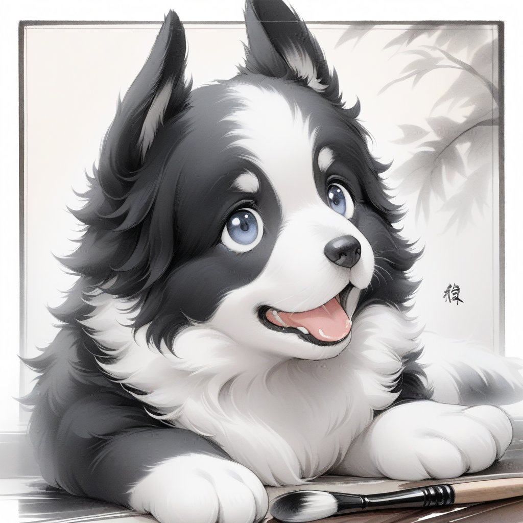 ((masterpiece)),((best quality)), 8k, high detailed, ultra-detailed, an ink wash painting of a very cute Border Collie, traditional style, delicate brush strokes, big eyes, soft fur, playful expression, simple background