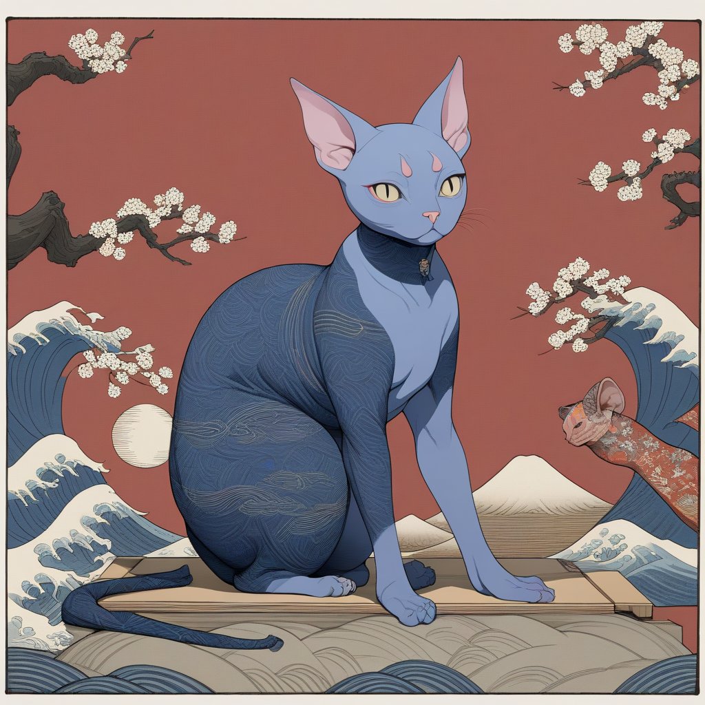 ((masterpiece)),((best quality)), 8k, high detailed, ultra-detailed, a ukiyo-e style Sphynx cat, traditional Japanese art, bold lines, vibrant colors, detailed patterns, elegant pose, classic background