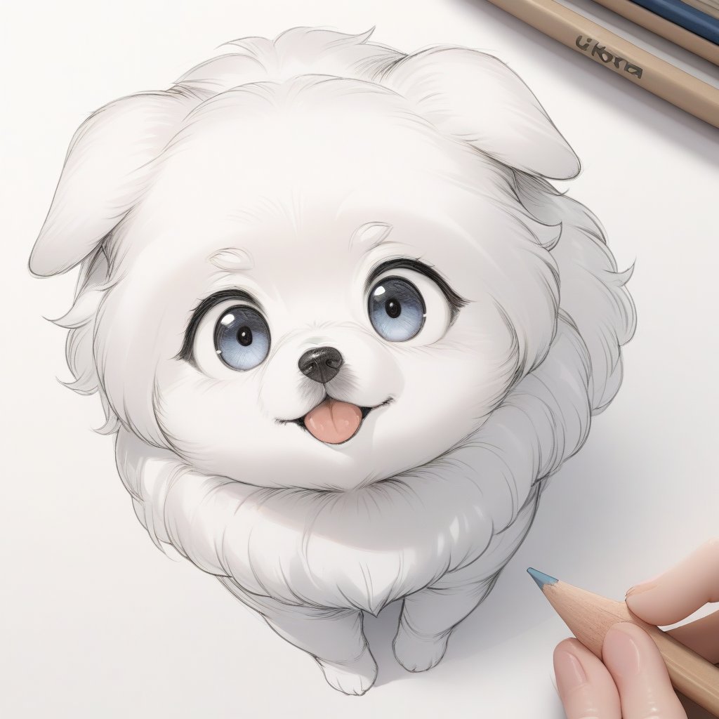 ((masterpiece)),((best quality)), 8k, high detailed, ultra-detailed, a sketch of a very cute dog, pencil drawing, fine lines, big eyes, soft fur, playful expression, simple background