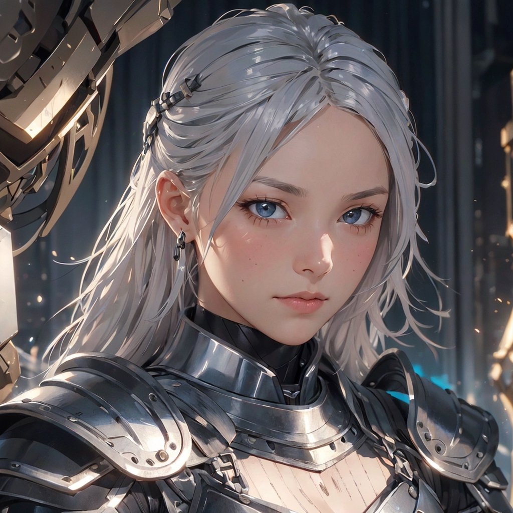 ((masterpiece)), ((best quality)), 8k, high detailed, ultra-detailed,
A 20-year-old female with fair skin, silver hair, smooth straight hair that reaches the cheeks, beautiful face, thin eyebrows, and black eyes,

Wearing a full set of plate armor, the main body is silver, with chainmail and deep blue cotton inside, and a pleated skirt,
Metal shoulder armor, metal bracers, metal gauntlets, metal skirt armor, metal leg armor, metal boots,

Expressionless face, with a cold and indifferent demeanor