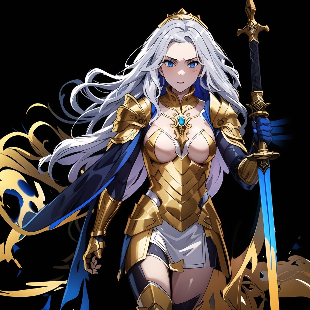 Silver, Blue, Intertwined, Full-body Armor, Queenly, Coiled Golden Long Hair, Holy Sword, Majestic Cape, Ruined Background, Ornate Armor, Opulent, full body, entire body, full_body, 1girl, solo, female_solo,genshinweapon,Young beauty spirit ,1girl,p3rfect boobs,solo,Nice legs and hot body