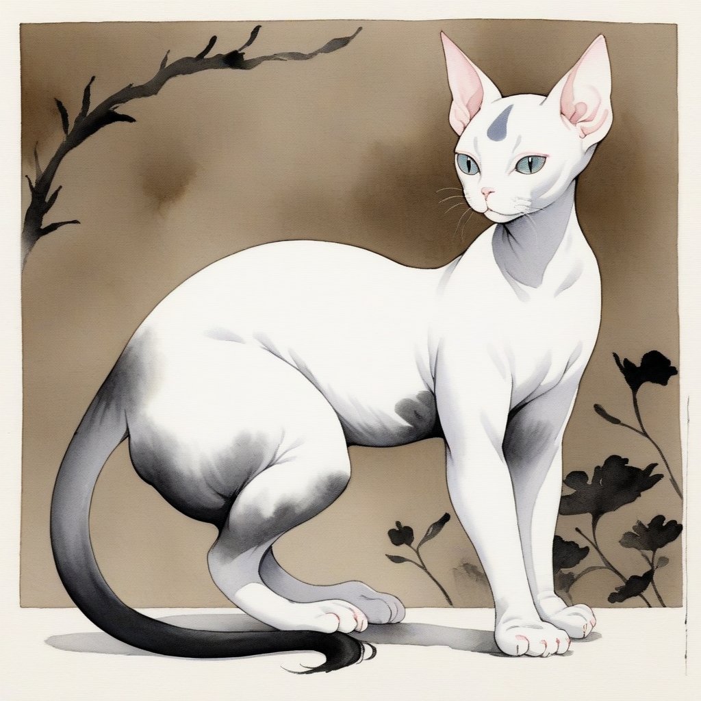 an ink wash painting of a Sphynx cat, traditional style, delicate brush strokes, detailed texture, elegant pose, simple background