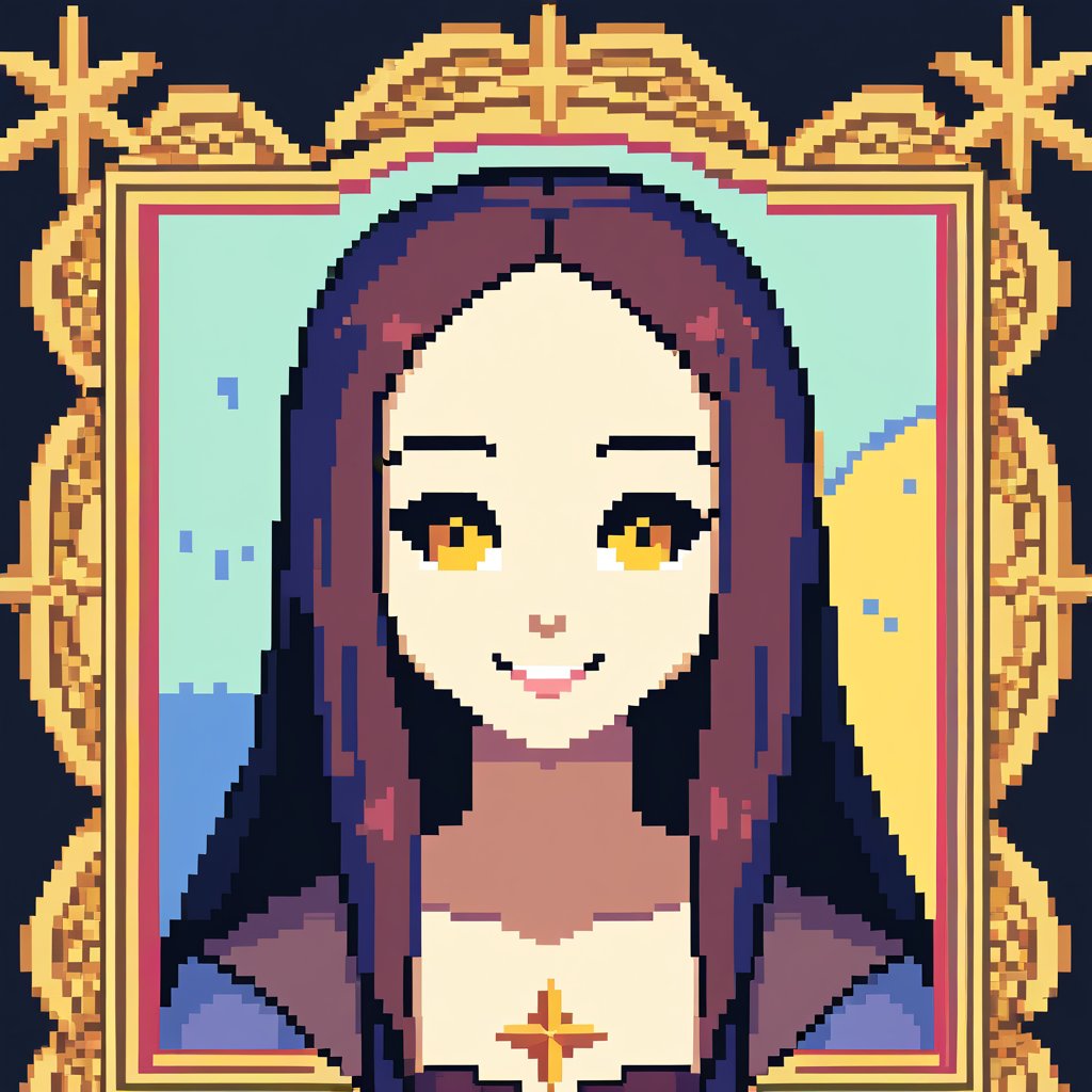 a pixel art Mona Lisa, pixelated art style, colorful pixels, iconic smile, detailed background