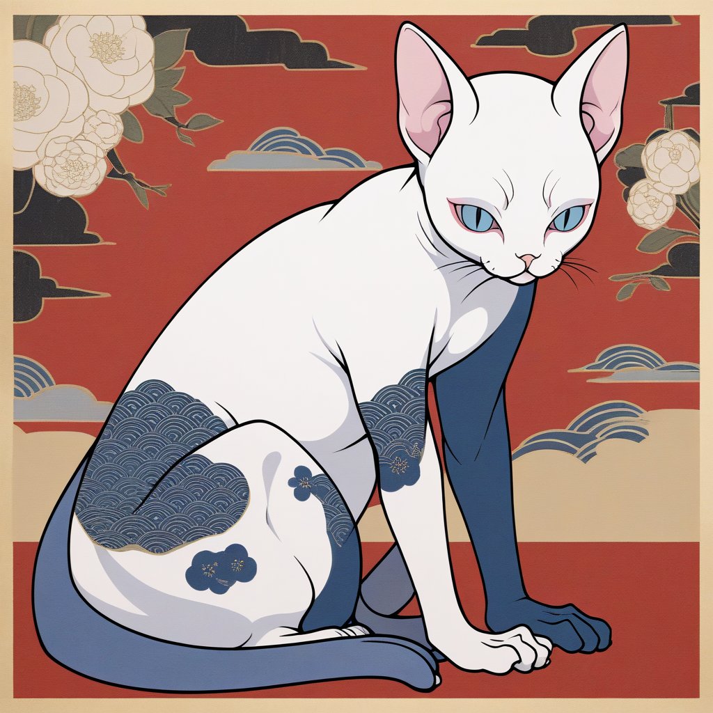 a ukiyo-e style Sphynx cat, traditional Japanese art, bold lines, vibrant colors, detailed patterns, elegant pose, classic background