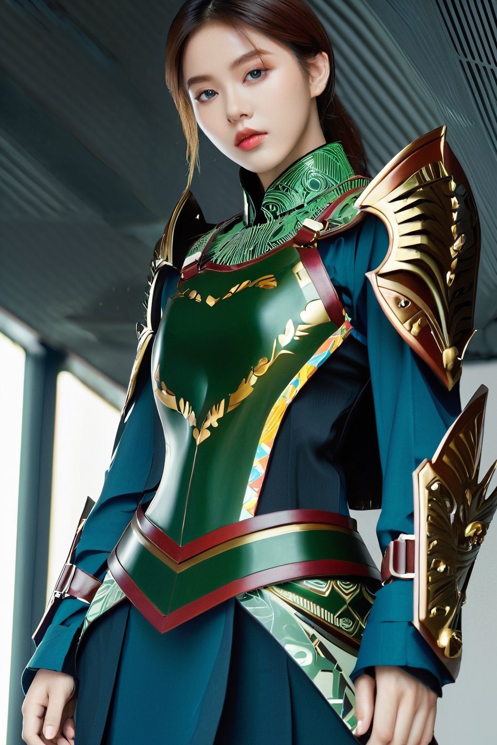 4k, office art, 1girl with green armor, decorated with complex patterns and exquisite lines, k-pop, blue eyes, dark red lips,
,TechStreetwear, full body