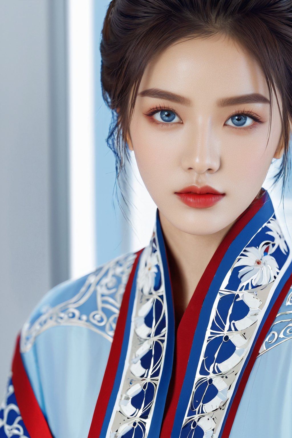 4k, office art, 1girl with robe armor, decorated with complex patterns and exquisite lines, k-pop, blue eyes, dark red lips,
