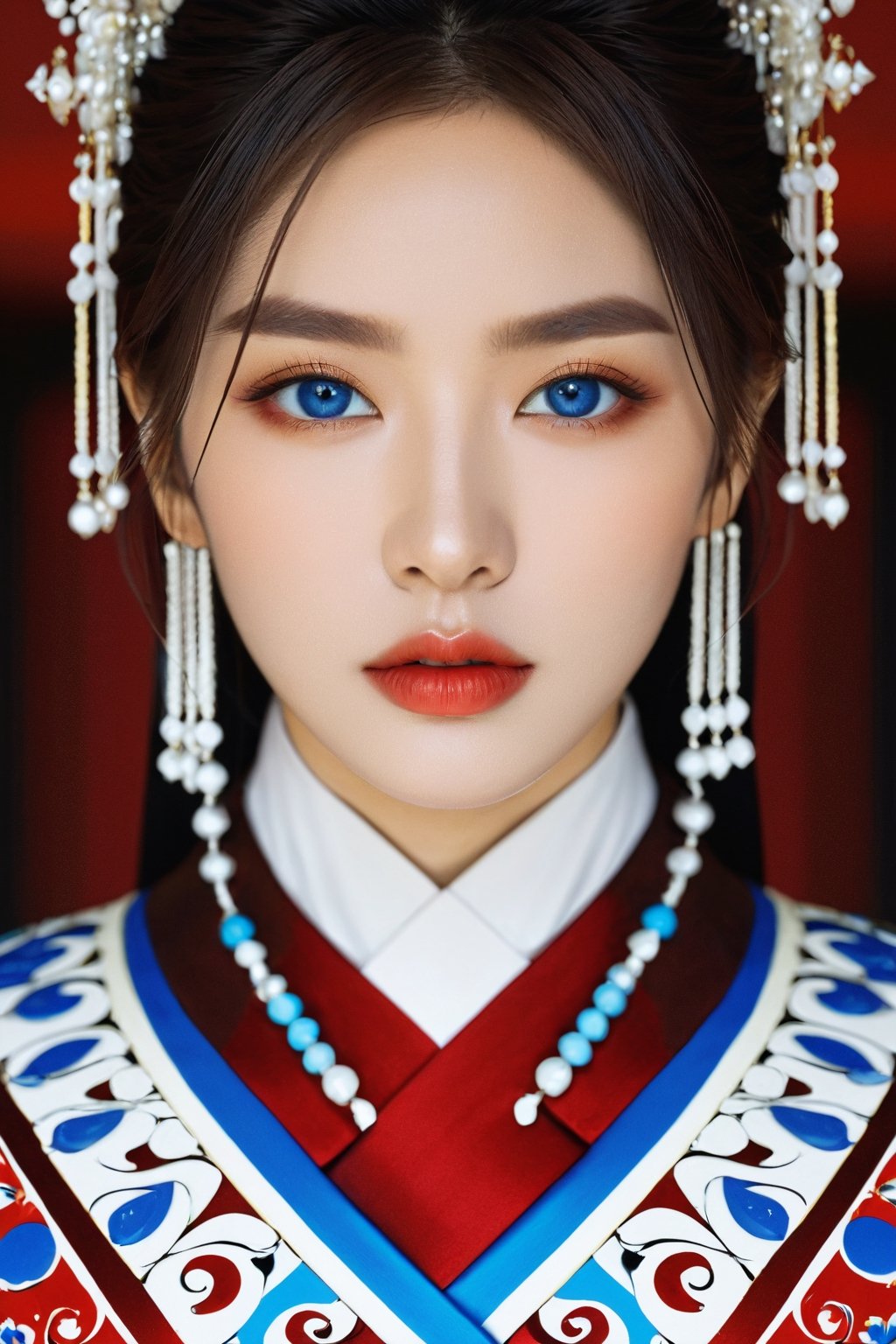 4k, office art, 1girl with robe armor, decorated with complex patterns and exquisite lines, k-pop, blue eyes, dark red lips,
