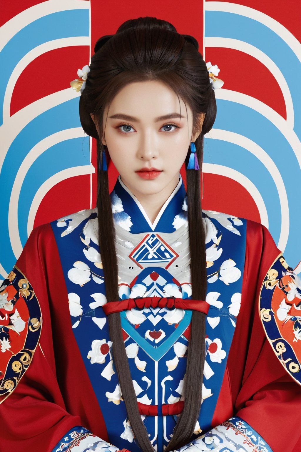 4k, office art, 1girl with robe armor, decorated with complex patterns and exquisite lines, k-pop, blue eyes, dark red lips,
