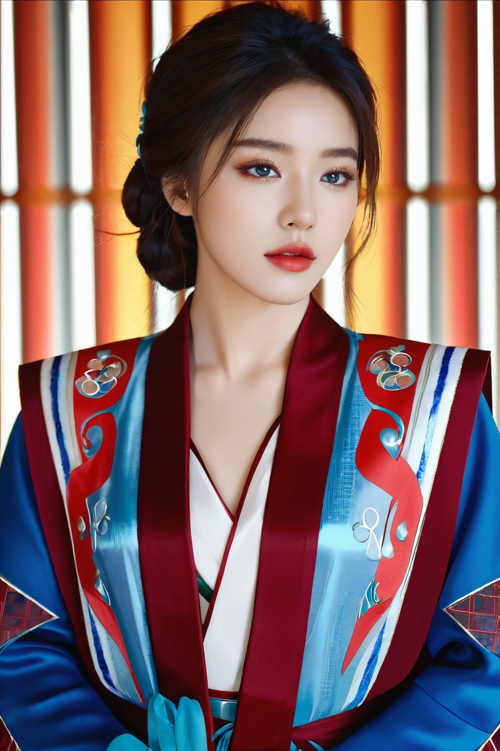 4k, office art, 1girl with robe armor, decorated with complex patterns and exquisite lines, k-pop, blue eyes, dark red lips,
