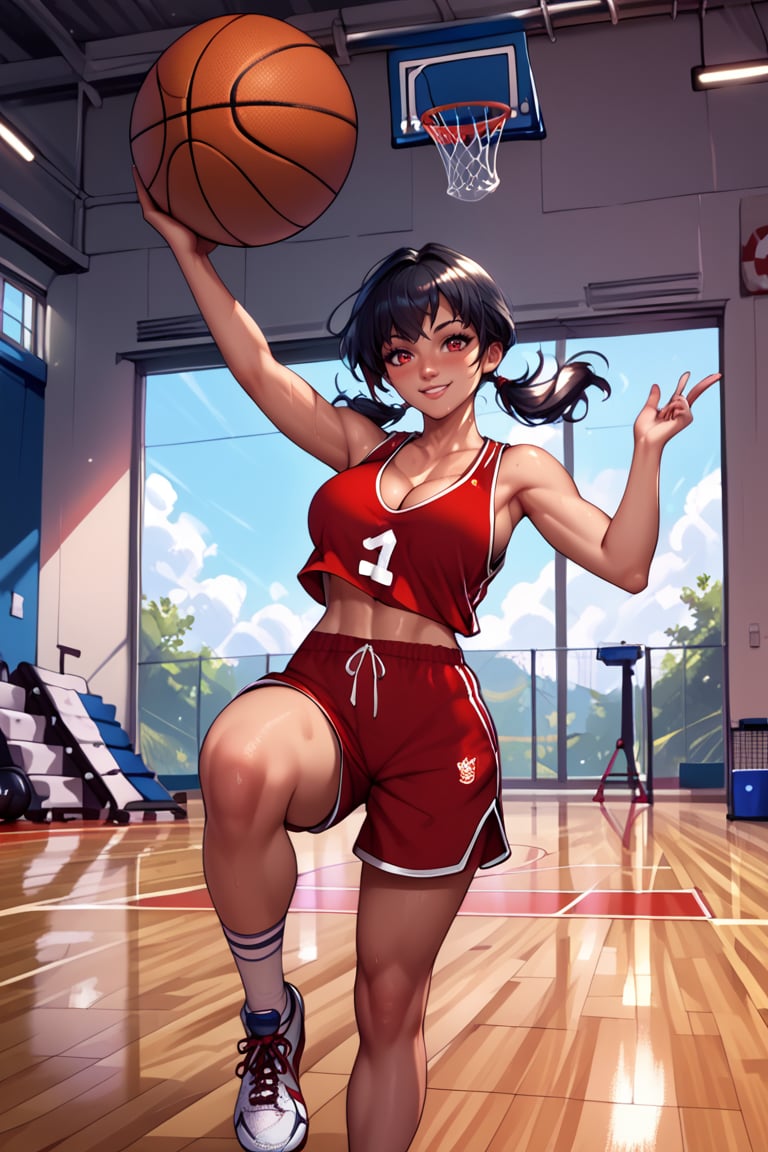 (score_9, score_8_up, score_8, score_7_up, score_7), masterprice, (rating_explicit), (source_anime), intricate_details_xl, 1girl, solo, large breast, cleavage, open eyes, balancing ball, ball, bare arms, basketball (object), basketball uniform, black hair, breasts, gym, light blush, long hair, low twintails, medium breasts, medium hair, red eyes, red shorts, red tank top, shorts, smile, sneakers, solo, sportswear, tank top, 