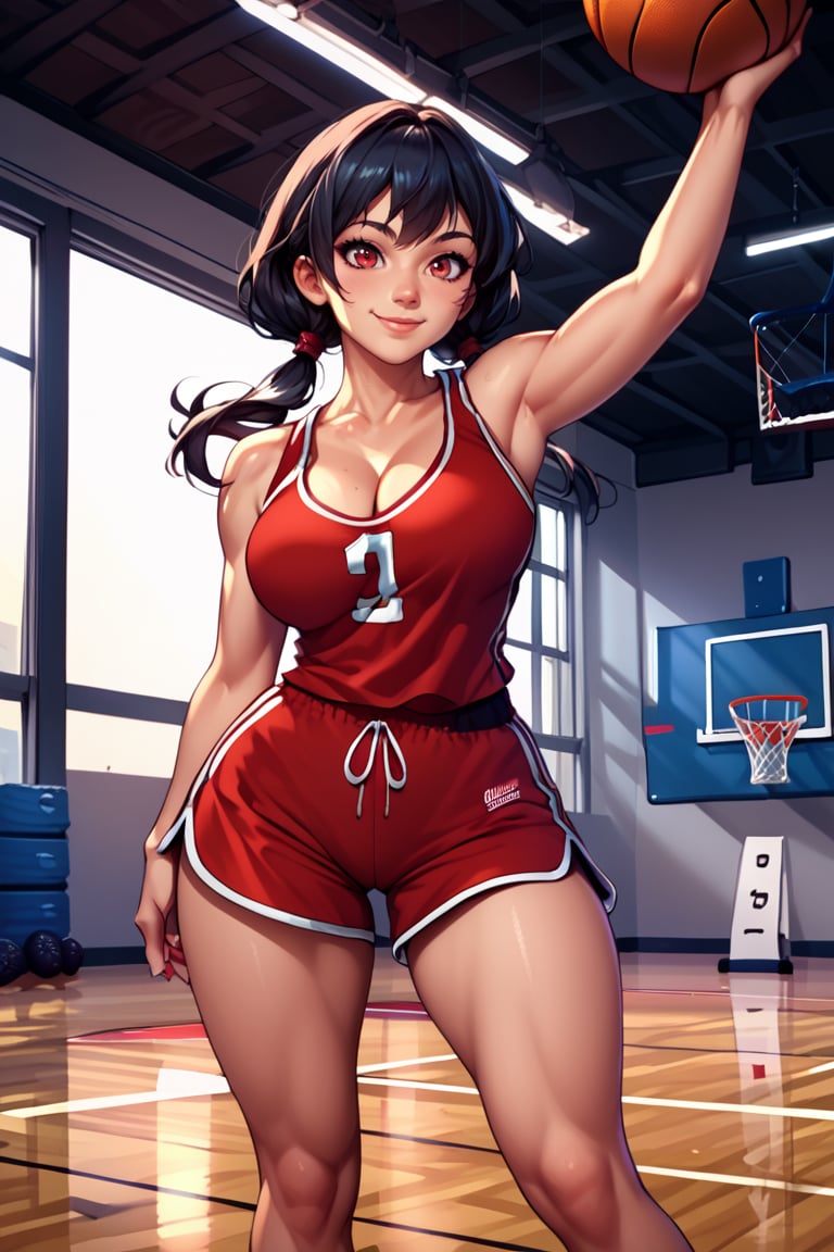 (score_9, score_8_up, score_8, score_7_up, score_7), masterprice, (rating_questionable), (source_anime), intricate_details_xl, 1girl, solo, large breast, cleavage, open eyes, balancing ball, ball, bare arms, basketball (object), basketball uniform, black hair, breasts, gym, light blush, long hair, low twintails, medium breasts, medium hair, red eyes, red shorts, red tank top, shorts, smile, sneakers, solo, sportswear, tank top, 