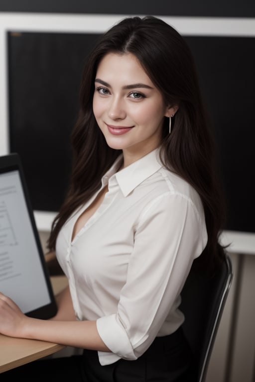 (Masterpiece), ((Best quality)), (Masterpiece,Best quality,official art,Extremely detailed CG unity 8k wallpaper), (the most noble and beautiful), (highly educated woman),beauty photo, a lady,alone,(elegant upper-class elite secretary in a business shirt),1 russian girl, beautiful face, pale sking, dark brown wavy hair, smiling, smiling face,  happy, good mood, ((soft breasts)), beautiful big ass, thights, long legs, realistic, film 4K, photography,(elegant upper-class elite secretary in a business shirt),Perfect appearance,Double-lidded eyes,Delicate makeup,working in an office, standing, ((talking in a conference, charts behind on the blackboard)), Wearing a strict business suit, (wearing pantyhose),Wearing heels high-end,girl in shirt, dressed in a suit, huge tit,full bodyesbian,dressed in a suit, dressed in a suit, Merchant, business clothes, wearing black suits, Wearing shirt and skirt, woman in suit, suit business, cleavage,Computer chair,sitting,erlang legs,high heels,brightly,Complicated details,foot focus, Cool beauty,(tall girl),dark brown hair,small piercings,Accurately express details such as the texture of the face and skin.,(the most beautiful face and eyes), Double eyelid, Delicate skin, slender body shape, alone, big breasts, (Wearing the most beautiful and noble earrings.), sexy:1.5, looking back, turn back, from below, arms lying on desk