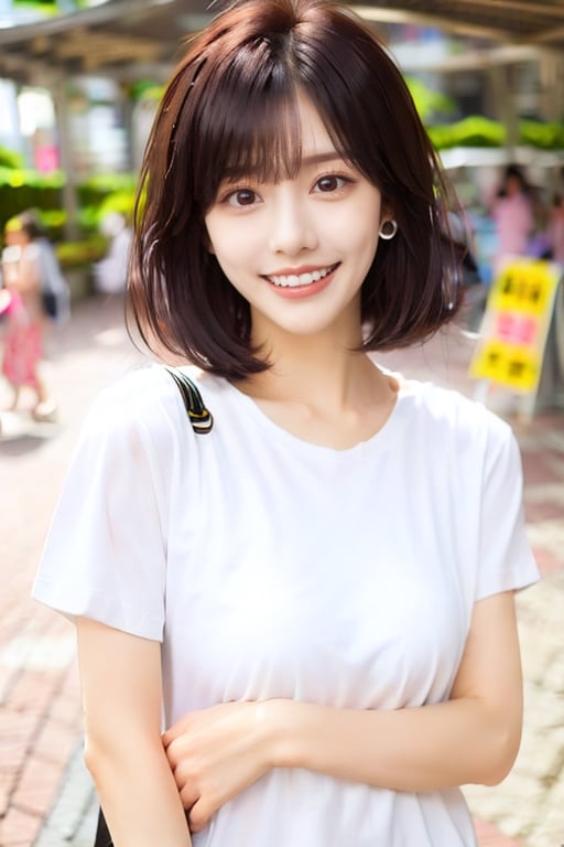 1 beautiful taiwanese girl, solo, looking at viewer, smile, short hair, bangs, black hair, shirt, black eyes,  white shirt, upper body, short sleeves, earrings, outdoors, teeth, day,  grin, lips, blurry background, t-shirt, professional fashion photoshoot, hyperrealistic, masterpiece.