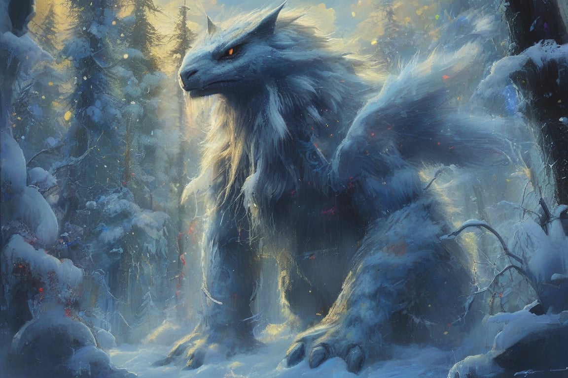 Design an electrifying cover for an Electro House track titled "Abomasnow". The scene should depict Abomasnow, a large, snow-covered Pokémon with a rugged and imposing appearance, standing tall in a wintry forest. The setting is a dark, snowy night, illuminated by vibrant neon lights that pulse rhythmically through the trees. Abomasnow's icy breath is visible, glowing faintly in the cold air, while the ground beneath him crackles with energy, as if charged with electricity. The Pokémon's eyes should be glowing with a fierce, determined light, reflecting the intensity of the music. Surrounding Abomasnow, swirling snowflakes are mixed with electric sparks, creating a dynamic, high-energy atmosphere. The overall color scheme should incorporate deep blues, bright whites, and electric purples to enhance the sense of power and cold. The title "Abomasnow" should be integrated into the design, written in bold, futuristic font with a metallic sheen.