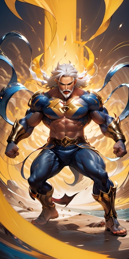 Visualize the character from the Japanese visual novel Tokyo Afterschool Summoners, Aegir, in an intense battle scene, short hair, blue eyes, shirt, white shirt, 1boy, jewelry, full body, white hair, male focus, muscles, earrings, clothes open, shorts, dark skin, highlighted hair, open shirt, muscular, facial hair, chain with anchor, thick thighs, abs, dark-skinned man, pecs, muscular man, beard, white beard, single earring, mature man, pants brown shorts, fins, blue fins, fins on each hand, fins on wrists, fins on forearm. Capture the fierce and angry expression of him as he is ready for combat, holding the chain and swinging the anchor at the end of the chain. This message invites artists to depict Aegir's ferocity and determination in a dynamic fighting stance. Create a powerful and visually striking image that encapsulates the essence of this character amidst action and intensity.