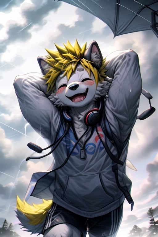 Highly detailed, high quality, masterpiece, beautiful.(medium long shot)
dog-boy, yellow hair, headphones in his ears, happy, eyes open, running on rays.
background: gray sky, rain, black clouds, rays, lightning,