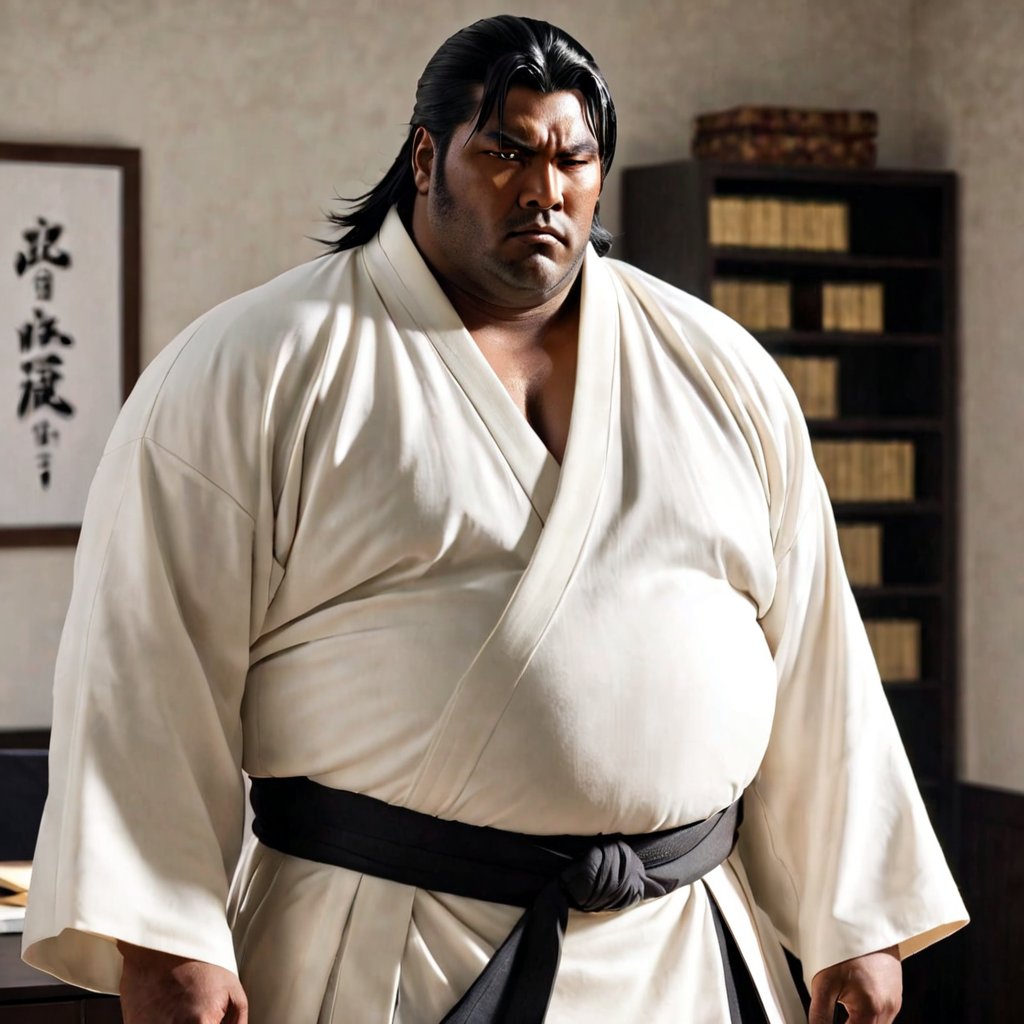 1boy, solo, Sol, Housamo, anime Bleach, tall, fat man,(black hair), close eyes, 40 years old, mature, pure black male Kimono, black Hakama, white Kimono belt, manly, masculine, handsome, charming, alluring, office, (upright, confident posture), (The torso is partially exposed, defined muscles.), perfect light, perfect anatomy, perfect proportions, perfect perspective, 8k, HQ,  (best quality:1.2, masterpiece:1.2.