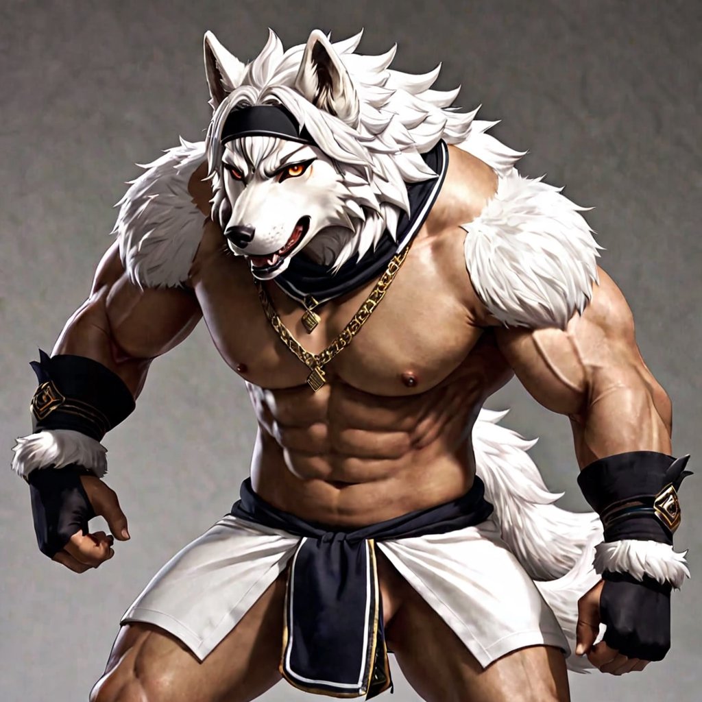 Horkeu Kamui, Housamo, Tokyo Afterschool Summoners, Lifewonder.
Horkeu Kamui is a muscular character with anthropomorphic features reminiscent of a wolf or dog. He has white fur with dark spots and wears a headband with the number “63.”