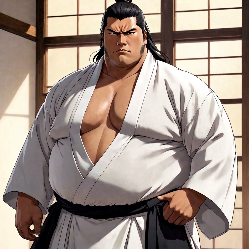 1boy, solo, Sol, Housamo, anime Bleach, tall, fat man,(black hair), close eyes, 40 years old, mature, pure black male Kimono, black Hakama, white Kimono belt, manly, masculine, handsome, charming, alluring, office, (upright, confident posture), (The torso is partially exposed, defined muscles.), perfect light, perfect anatomy, perfect proportions, perfect perspective, 8k, HQ,  (best quality:1.2, masterpiece:1.2.