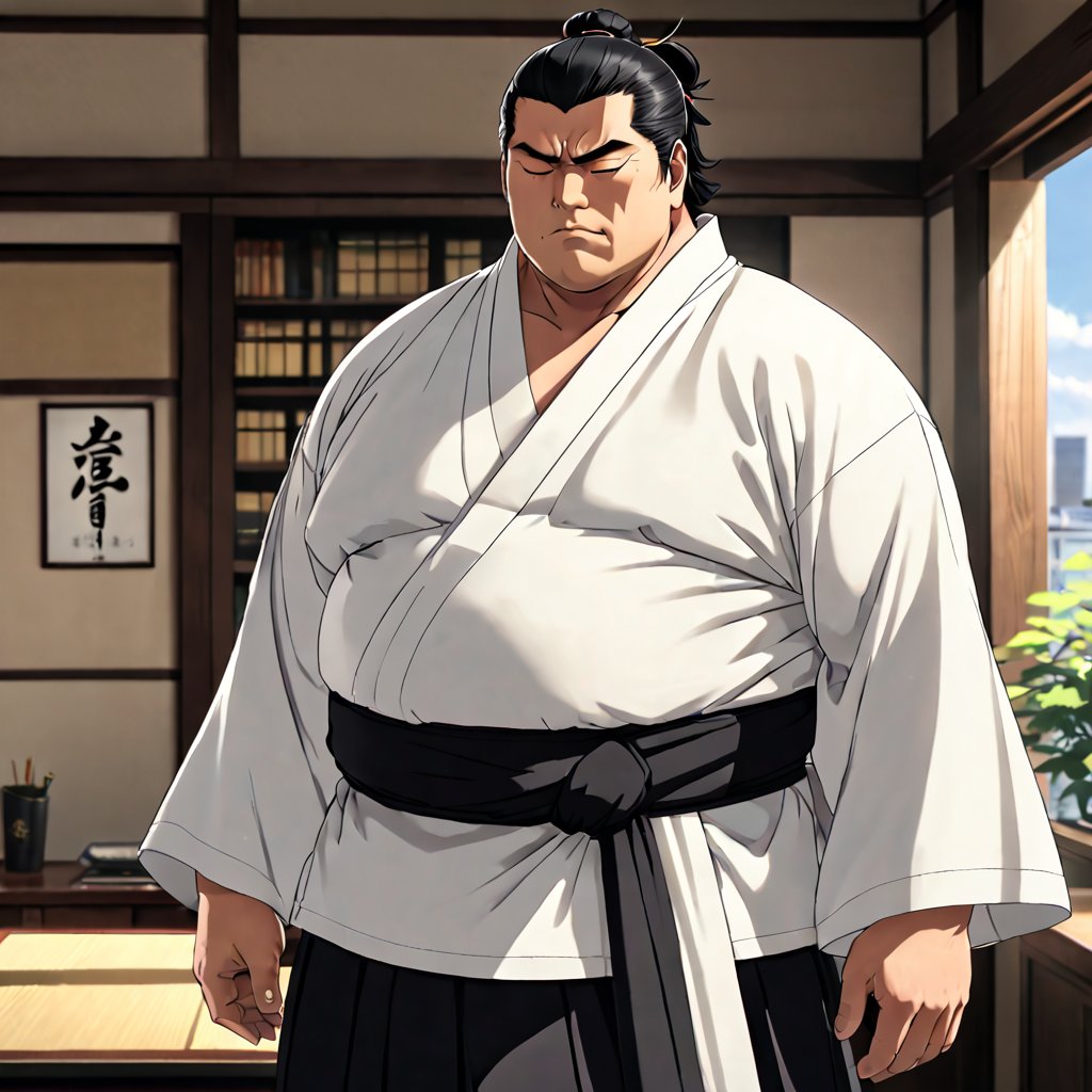 1 boy, alone, Sunshine, Housamo, Bleach anime, tall fat man, (black hair), closed eyes, 40s years old, mature, pure black male kimono, black Hakama, white kimono belt, manly, masculine, handsome, charming, attractive, office, (upright and confident posture), (torso is partially exposed, defined muscles), perfect light, perfect anatomy, perfect proportions, perfect perspective, big penis, 8k, HQ, (Best quality: 1.2, Masterpiece: 1.2.