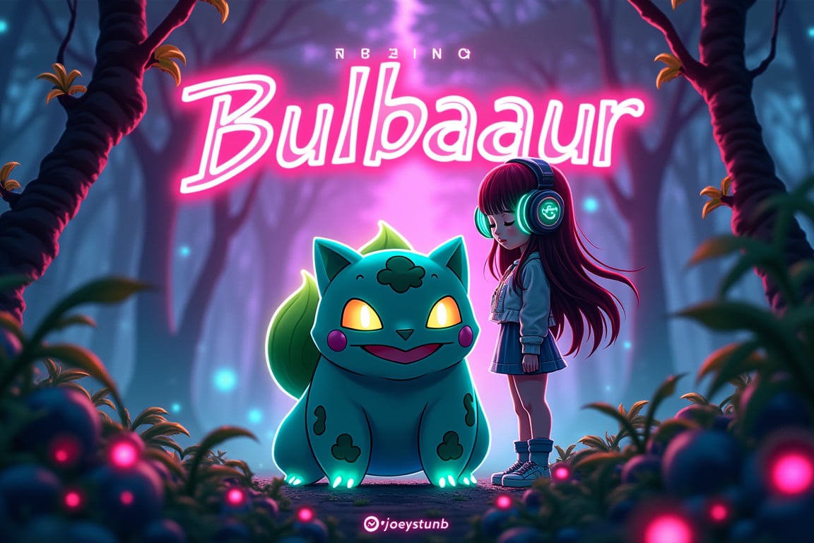 Design a vibrant and dynamic cover for an EDM track featuring Bulbasaur. The scene is set in a futuristic neon-lit forest at night. In the center, Bulbasaur is standing proudly, surrounded by glowing vines and pulsating leaves, which pulse rhythmically with the beat of the music. His eyes are illuminated, reflecting the energy and intensity of the EDM genre.

To the right of Bulbasaur, there is a young girl with long flowing hair, wearing stylish, oversized headphones that radiate a soft, neon glow. She’s dressed in a modern, street-style outfit, with hints of bright colors that match the neon aesthetic of the forest. The girl is in sync with the music, slightly leaning forward with her eyes closed, lost in the rhythm. Her presence adds a human connection to the wild energy of the scene.
The background is a mix of deep purples, electric blues, and vibrant greens, with light beams cutting through the mist, creating an almost otherworldly atmosphere. The title "Bulbasaur" is prominently displayed at the top in bold, futuristic Japanese characters (フシギダネ), with a metallic and slightly glowing effect to match the overall color scheme. The bottom of the image subtly features the artist’s name or logo, integrated seamlessly into the design without detracting from the main visual elements.