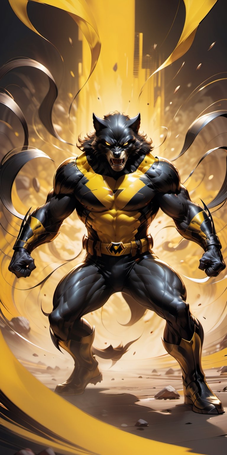 Visualize the iconic Marvel Comics superhero Wolfman in an intense battle scene, adorned in a striking black-yellow armor suit. Capture his fierce and angry expression as he stands ready for combat, claws unsheathed. This prompt invites artists to depict the ferocity and determination of Wolverine in a dynamic fight stance, emphasizing the details of the black-yellow armor suit. Create a powerful and visually striking image that encapsulates the essence of this legendary superhero in the midst of action and intensity.