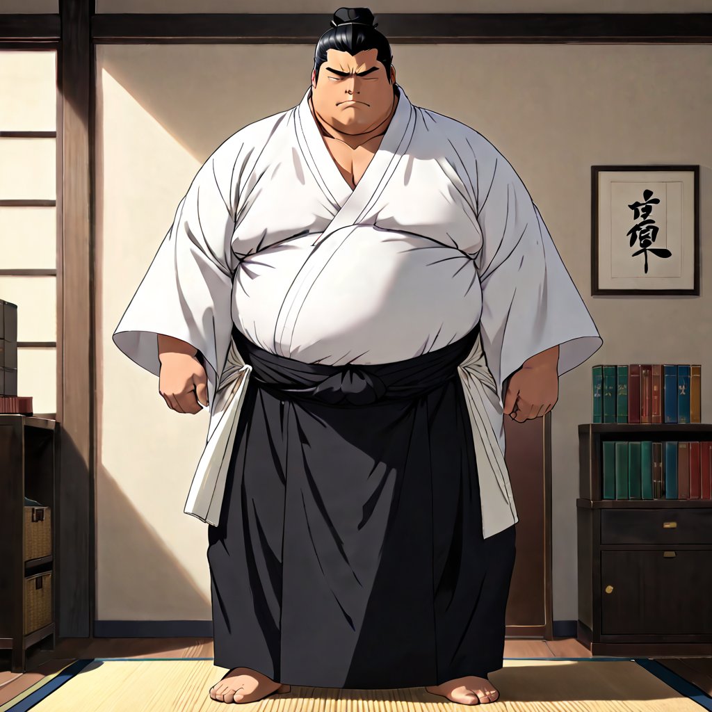 2 boy, gay sex, Sunshine, Housamo, Bleach anime, tall fat man, (black hair), closed eyes, 40s years old, mature, pure black male kimono, black Hakama, white kimono belt, manly, masculine, handsome, charming, attractive, office, (upright and confident posture), (torso is partially exposed, defined muscles), perfect light, perfect anatomy, perfect proportions, perfect perspective, big penis, 8k, HQ, (Best quality: 1.2, Masterpiece: 1.2.