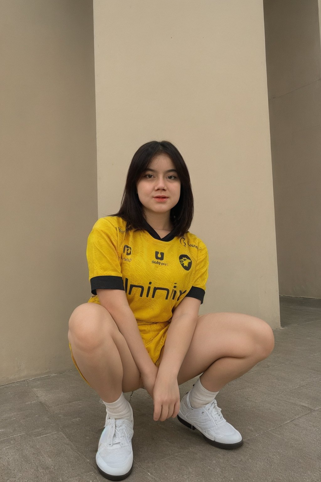 1girl, solo, (wearing miniskirt, panty, show panty,yellow jersey), looking at viewer,realistic,traditional_media, natural lighting, (squat, spread legs),onic,0n1c,,nsfw