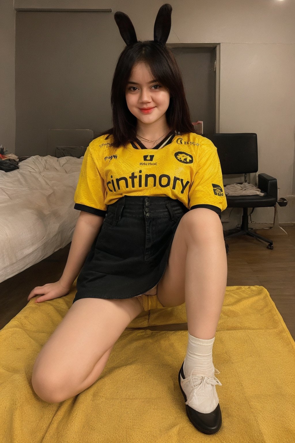 1girl, solo, ((wearing panty, show panty, miniskirt,yellow jersey,garter belt)), looking at viewer,realistic,traditional_media, natural lighting, sit on chair, (spread legs), bunny ears,onic,0n1c,,nsfw, slave collar