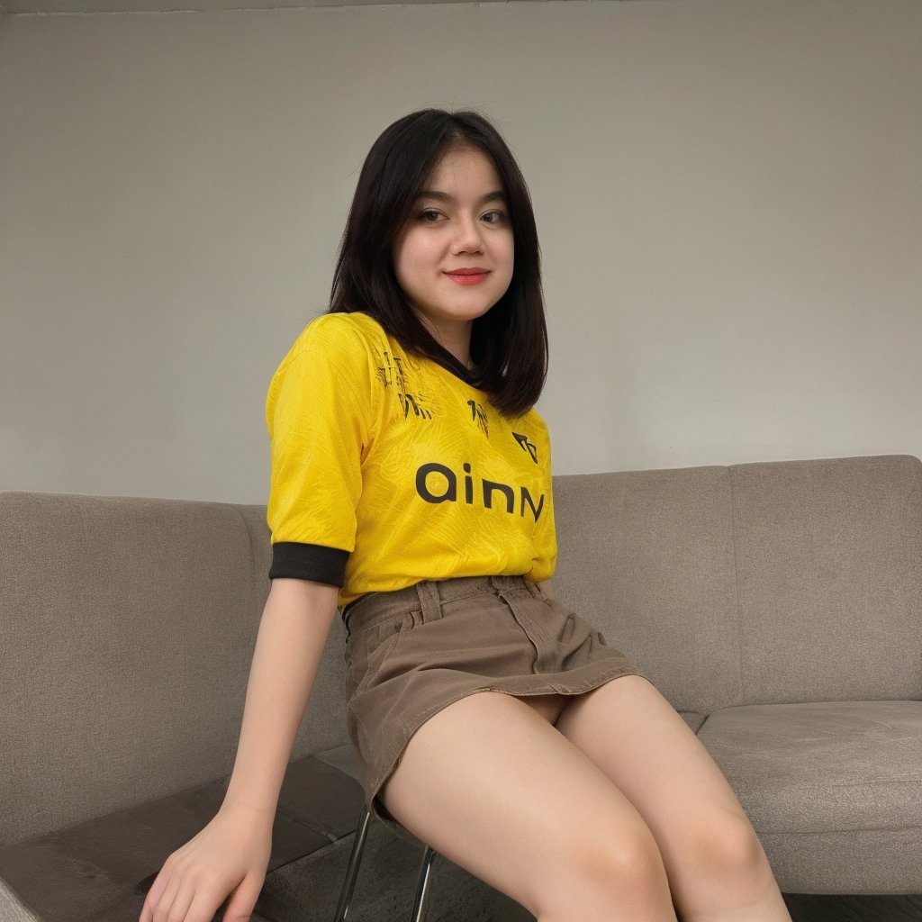 1girl, solo, (wearing panty, show panty, miniskirt,yellow jersey, front view, shot from below), looking at viewer,realistic,traditional_media, natural lighting, (sit on chair, spread legs),onic,0n1c,,nsfw