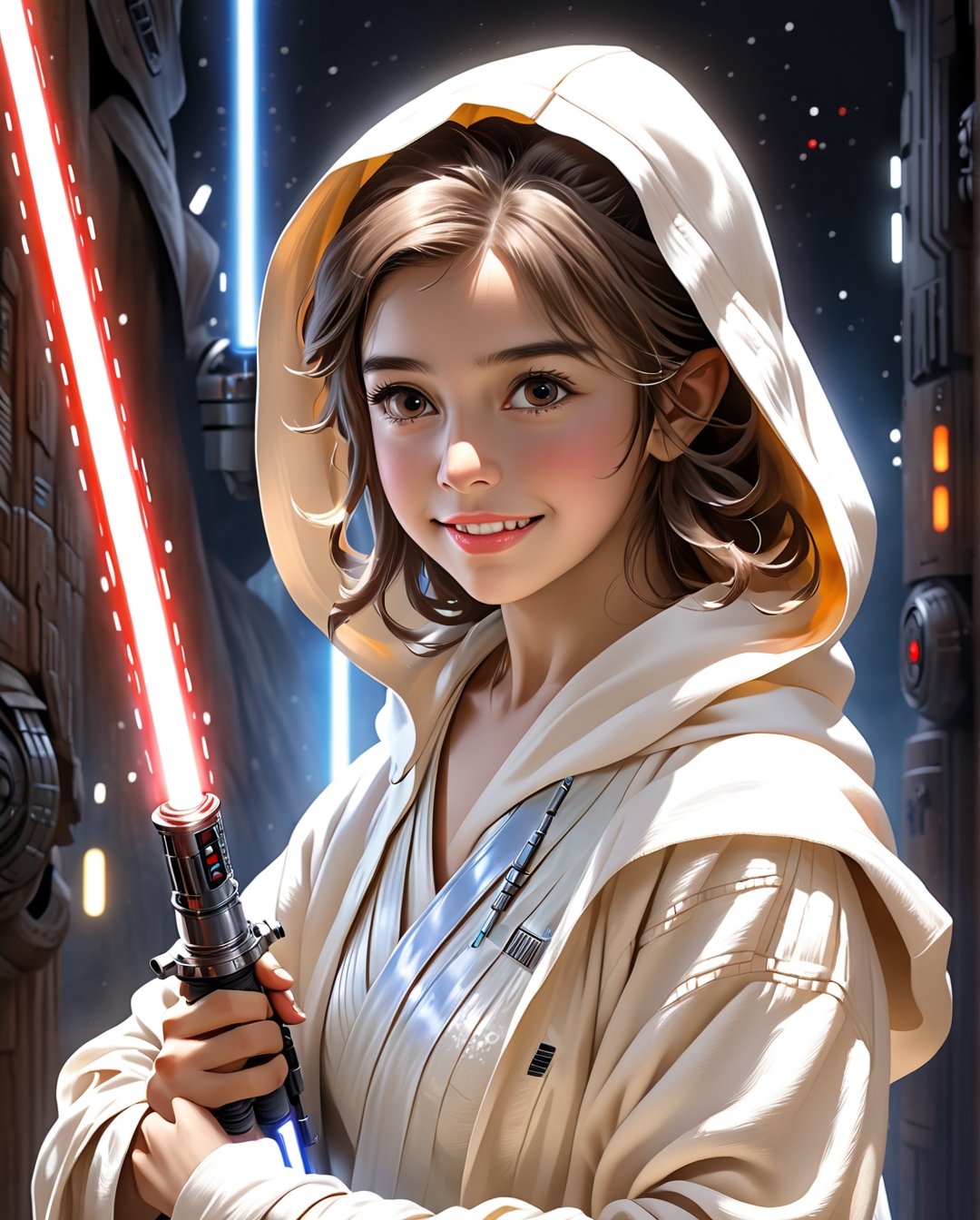 Ultra realistic,realistic , 64k, abstract masterpiece, ((Star Wars)), Luke Skywalker, Young girl, big eyes, beauty , 20 years old,brown hair, White hoodie,medieval clothing,(smile), perfecteyes, Starwars Tatooine, outside, dramatic lighting, rim lighting, night, night sky, high contrast, halo,psychedelic,full shot (FS), ((full body with legs)), standing, (Full body:1.2) portrait, length full body, full body photo, thin full body, (Lightsaber in right), cinema style, Masterpiece, hyperdetailed, intricately detailed, Professional photography, bokeh, natural lighting, complex