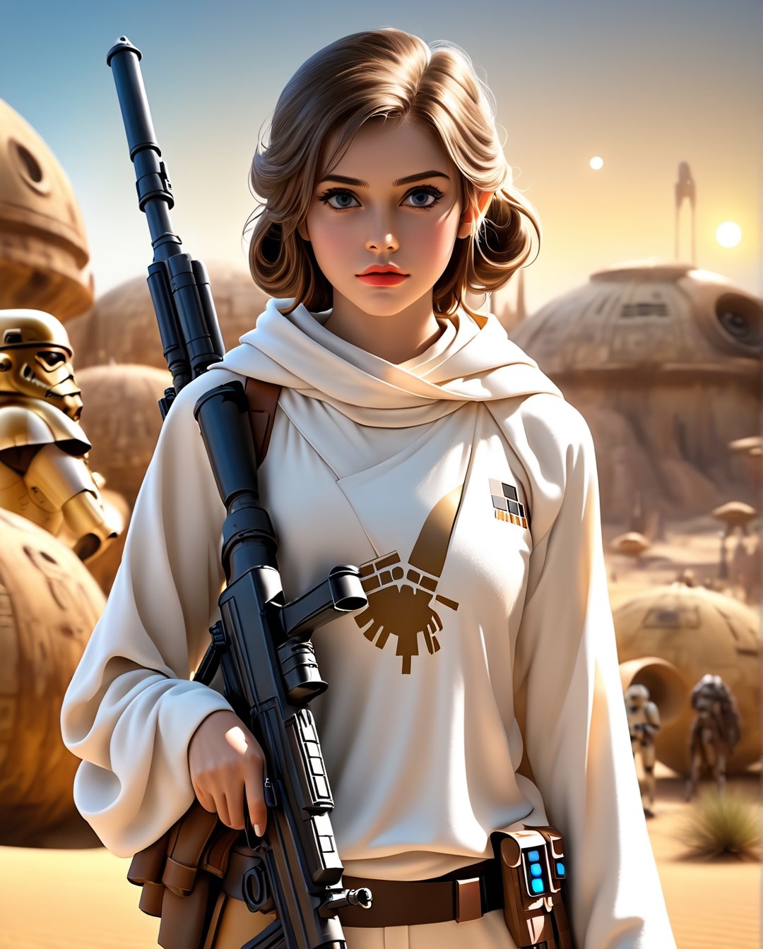 Ultra realistic,realistic , 64k, abstract masterpiece, ((Star Wars)), Luke Skywalker, Young girl, big eyes, beauty , 20 years old,brown hair, White hoodie,in the desert,smile ,  (arms holding large grey advanced two barrel rifle pointed to side), perfecteyes, Starwars Tatooine, outside, dramatic lighting, rim lighting, night, night sky, high contrast, halo,psychedelic,full shot (FS), ((full body with legs)), standing, (Full body:1.2) portrait, length full body, full body photo, thin full body, (complex cyberpunk eletric nanite veins), cinema style, Masterpiece, hyperdetailed, intricately detailed, Professional photography, bokeh, natural lighting, canon lens, shot on dslr 64 megapixels sharp focus, complex