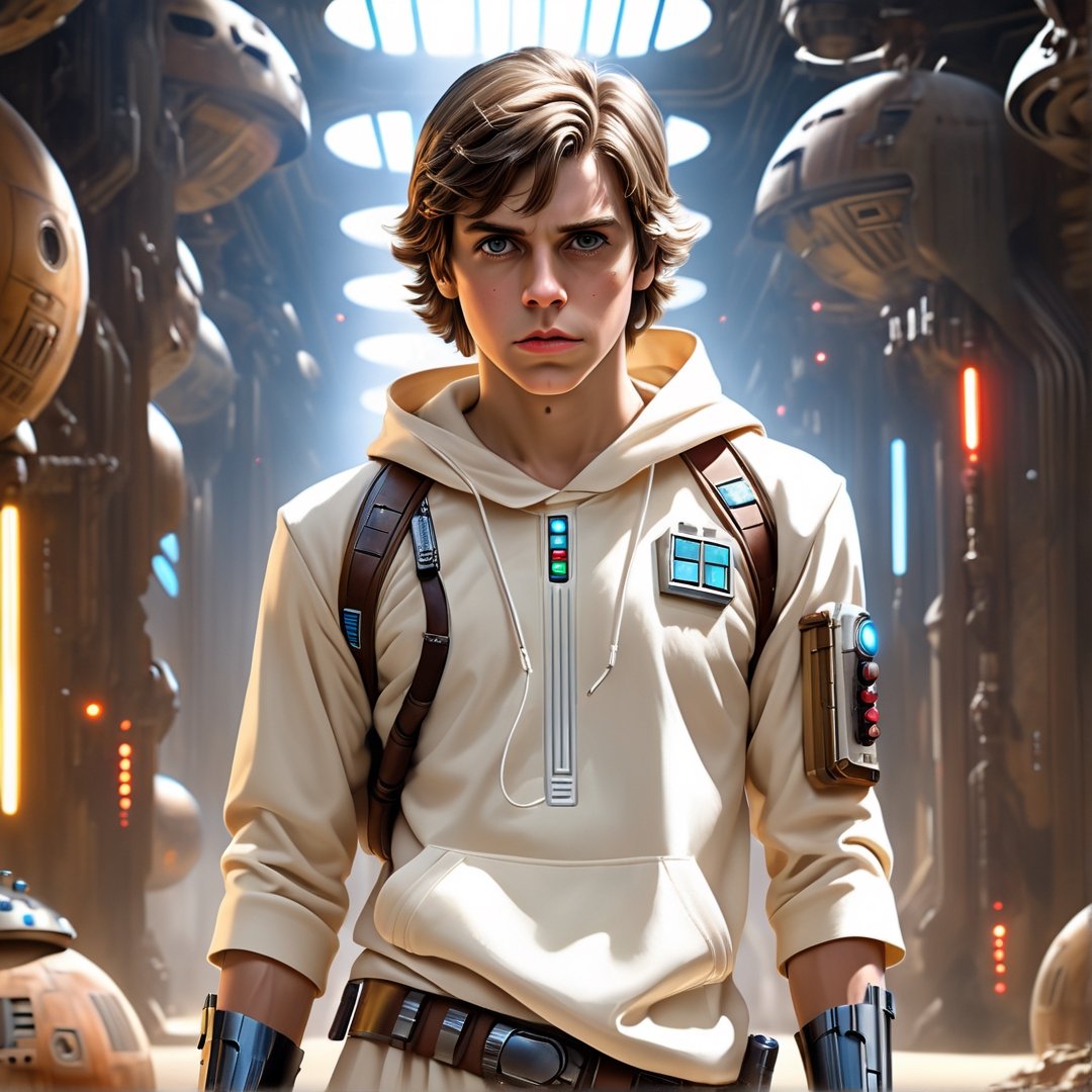 Ultra realistic,realistic , 64k, abstract masterpiece, Star Wars, Luke Skywalker, Young boy, big eyes, handsome, 20 years old,brown hair, White hoodie, Wear boots,in the desert, Lightsaber in right, hand, full shot (FS), ((full body with legs)), standing, Full body portrait, length full body, full body photo, thin full body, (complex cyberpunk eletric nanite veins), cinema style, Masterpiece, hyperdetailed, intricately detailed, Professional photography, bokeh, natural lighting, canon lens, shot on dslr 64 megapixels sharp focus, complex