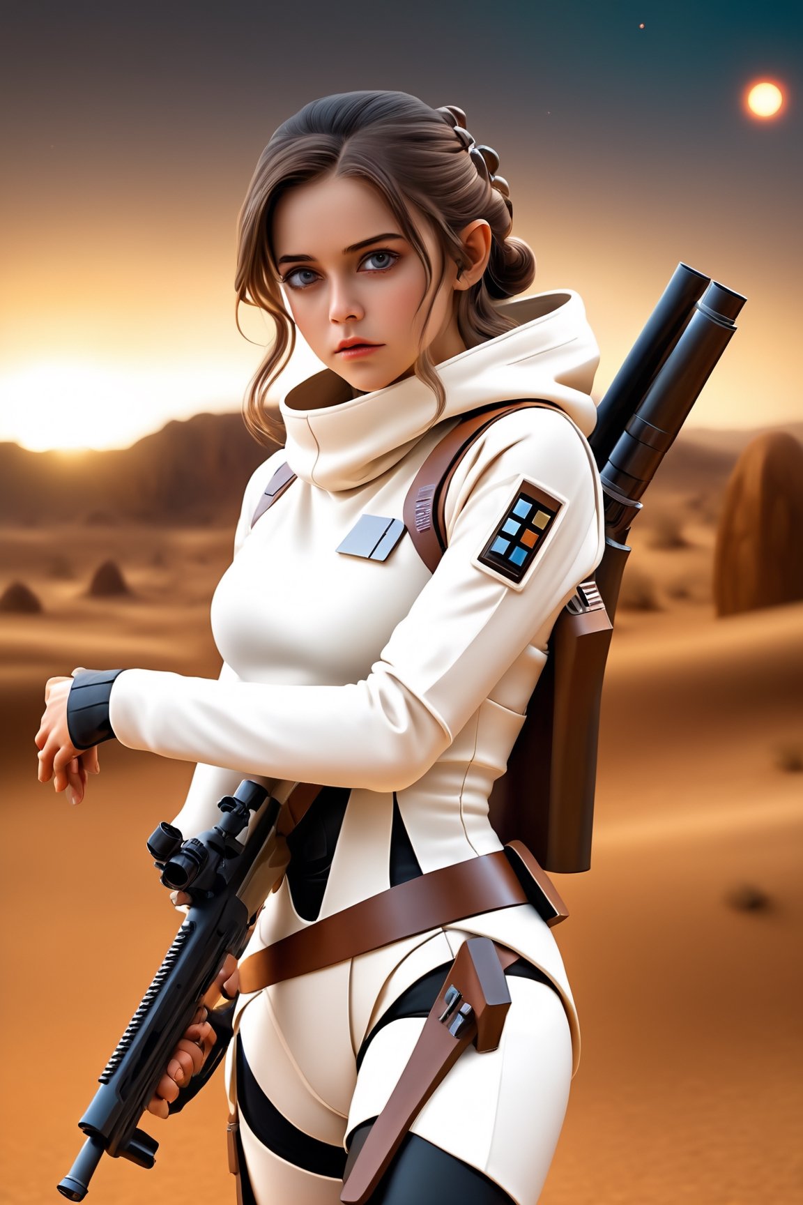 Ultra realistic,realistic , 64k, abstract masterpiece, Star Wars, Luke Skywalker, Young girl, big eyes, beauty , 20 years old,brown hair, White hoodie,in the desert, , hand,  (arms holding large grey advanced two barrel rifle pointed to side), perfecteyes, Starwars Tatooine, outside, dramatic lighting, rim lighting, night, night sky, high contrast, halo,psychedelic,full shot (FS), ((full body with legs)), standing, (Full body:1.2) portrait, length full body, full body photo, thin full body, (complex cyberpunk eletric nanite veins), cinema style, Masterpiece, hyperdetailed, intricately detailed, Professional photography, bokeh, natural lighting, canon lens, shot on dslr 64 megapixels sharp focus, complex