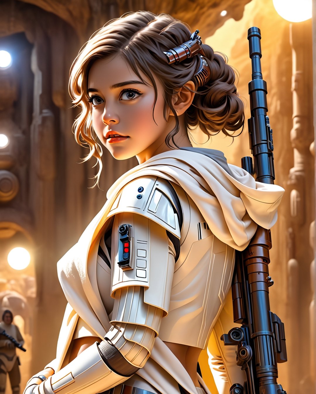 Ultra realistic,realistic , 64k, abstract masterpiece, ((Star Wars)), Luke Skywalker, Young girl, big eyes, beauty , 20 years old,brown hair, White hoodie,in the desert,(smile),  (arms holding large grey advanced two barrel rifle pointed to side), perfecteyes, Starwars Tatooine, outside, dramatic lighting, rim lighting, night, night sky, high contrast, halo,psychedelic,full shot (FS), ((full body with legs)), standing, (Full body:1.2) portrait, length full body, full body photo, thin full body, (complex cyberpunk eletric nanite veins), cinema style, Masterpiece, hyperdetailed, intricately detailed, Professional photography, bokeh, natural lighting, canon lens, shot on dslr 64 megapixels sharp focus, complex