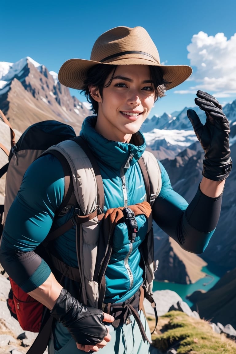 (Drawing a hiker, wearing a backpack, hat and  pants),

masterpiece, best quality, high detail eyes, 1 man,Portrait, 25 years old, hansome, charming, short hair, smile, close view,
professional fashion photoshoot, hyperrealistic, 

((aquamarine eyes, tall eyes,  Big eyes)), (highly detailed eyes, highly detailed face),  (realism: 1.2),  handsome shining body,  Best Quality,  Masterpiece,  Natural Light,  (RAW Photo,  Best Quality,  Masterpiece: 1.2),  Ray-traced reflections,  photon mapping,  ultra-high resolution,  16k images,  depth of field short hair,  brown hair,  happiness,  mountaineering,  outdoor wear,  mountaineering shoes, Winter plains, hat,  down jacket, ((mountaineering pants:1.3)), ((gloves:1.4)),  ((smile,  happy)),  ((mouth closed:1.0)), looking at the sky,  Makoto Shinkai Cyril Roland,  Anime Art Wallpaper 4K,  Anime Art Wallpaper 4K,  Anime Art Wallpaper 8K,  Written by Makoto Shinkai,  inspired by Cyril Roland,  artwork by Dan Mumford,  amazing wallpaper,  Absurd, ((Super low angle: 1.2)), 
Thumbs up with right hand