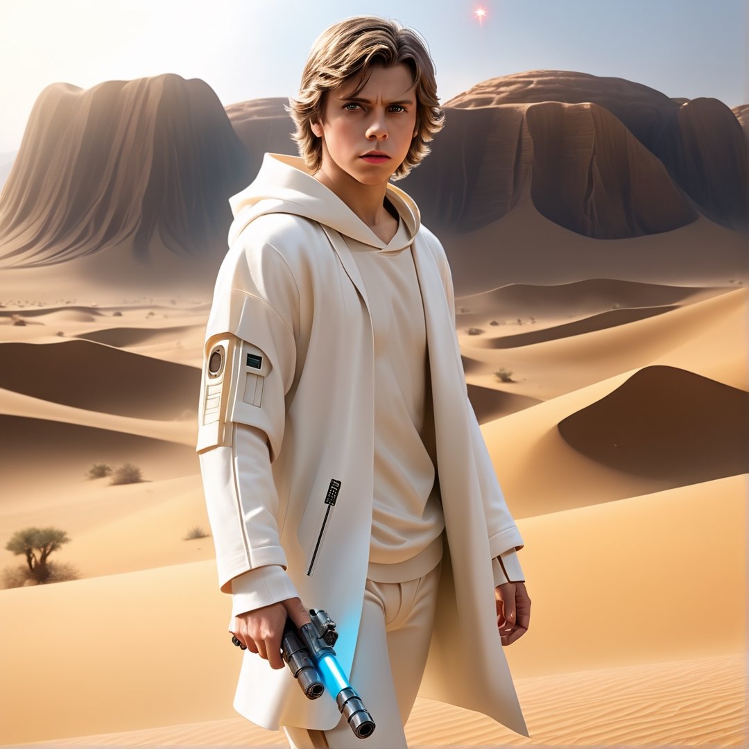 Ultra realistic,realistic , 64k, abstract masterpiece, Star Wars, Luke Skywalker, Young boy, big eyes, handsome, 20 years old,brown hair, White hoodie, Wear boots, ((in the desert )), Lightsaber in right hand, mystical atmosphere, full shot (FS), ((full body with legs)), standing, (Full body:1.2) portrait, length full body, full body photo, thin full body, (complex cyberpunk eletric nanite veins), cinema style, Masterpiece, hyperdetailed, intricately detailed, Professional photography, bokeh, natural lighting, canon lens, shot on dslr 64 megapixels sharp focus, complex