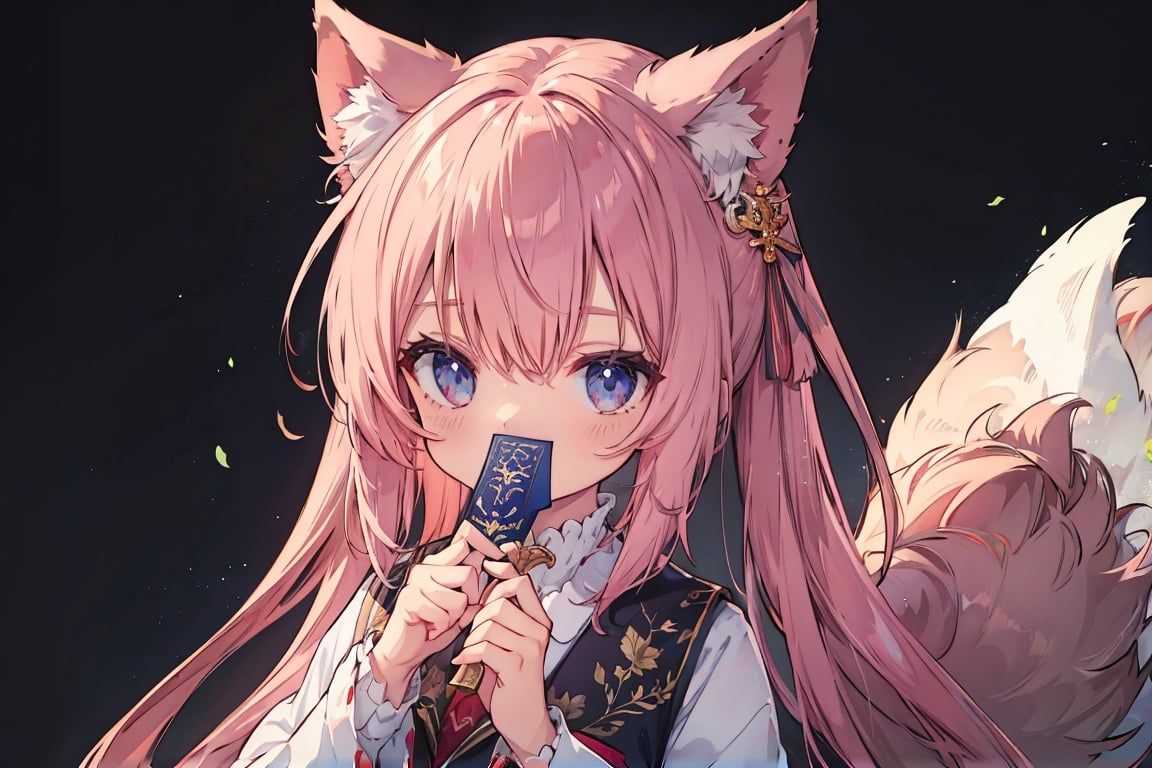 A fox girl, fan, biting the end of a fan , the  covering her mouth, showcasing a sly expression and wide eyes. She has nine fluffy tails trailing behind her, with long fox ears perched on top of her head. Dressed in traditional style clothing against a gradient background, she exudes a mysterious atmosphere, a high-quality detailed portrait illustration featuring a fox girl holding the fan with tails in front of her mouth, with vibrant colors, deep shadows, and intricate details, ideal for digital art and fantasy character design.hanfu,3DMMD